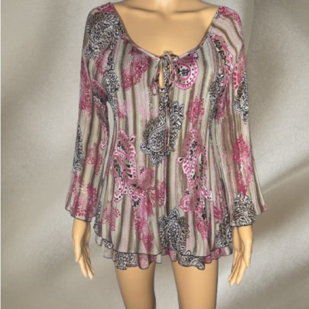 Christopher & Banks Pink and Cream Paisley Pullover Tie-Neck Tunic Size Large